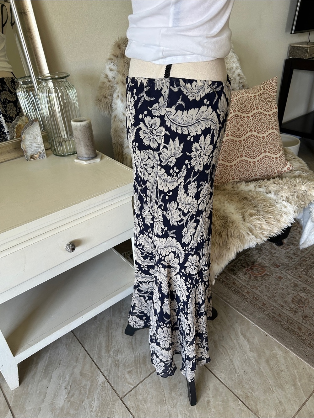 Ralph Lauren Vtg navy beige boho western country floral pull on midi skirt 10 L - Picture 5 of 13